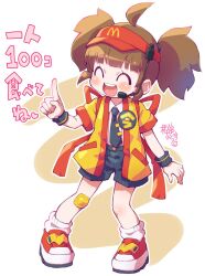  1girl ^_^ ahoge back_bow badge bandaid bandaid_on_knee bandaid_on_leg blue_necktie blue_shorts blue_wristband blush bow brown_hair button_badge closed_eyes collared_shirt commentary_request employee_uniform fast_food_uniform full_body furrowed_brow hand_up happi hat headset highres imadake_dabuchi_tabemi index_finger_raised japanese_clothes mcdonald's microphone necktie open_mouth outline red_bow red_footwear red_hat sakurabe_notos shirt shirt_tucked_in short_hair short_sleeves short_twintails shorts sidelocks smile socks solo standing striped_clothes striped_shirt teeth tie_clip translation_request twintails upper_teeth_only visor_cap white_background white_outline white_shirt white_socks wristband yellow_happi 