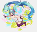  1girl aqua_eyes aqua_hair floating_hair hatsune_miku headphones iaki_mochiko long_hair outstretched_arms polka_dot polka_dot_legwear re:dial_(vocaloid) skirt smile solo spread_arms strap_slip tattoo thighhighs twintails very_long_hair vocaloid 