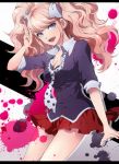  1girl blue_eyes bow breasts cleavage dangan_ronpa enoshima_junko hair_bow highres letterboxed long_hair open_mouth ouri pink_hair pleated_skirt skirt solo 