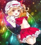  1girl ascot blonde_hair bow breasts flandre_scarlet glowing glowing_wings hat hat_bow jumping looking_at_viewer midriff mikoma_sanagi navel open_mouth pink_eyes puffy_sleeves revision shirt short_sleeves side_ponytail skirt smile solo touhou underboob upshirt vest wings 