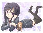  1boy 1girl asuna_(sao) black_hair kirito kirito_(sao-ggo) long_hair minigirl on_stomach rateratte school_uniform short_hair sword_art_online thighhighs trap violet_eyes yuuki_asuna 