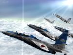  absurdres airplane blue_impulse_(team) clouds flying highres japan_air_self-defense_force jet kawasaki_t-4 military signature sky sun 