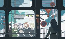  5girls absurdres bang_dream! bang_dream!_it's_mygo!!!!! black_hair black_jacket black_ribbon blazer blue_eyes blue_hair blue_shirt blue_skirt brh brown_eyes brown_hair chinese_commentary closed_eyes closed_mouth clouds collared_shirt commentary_request crychic_(bang_dream!) cumulonimbus_cloud diagonal-striped_clothes diagonal-striped_necktie falling_petals glass-breaking_hammer glitch green_hair green_jacket green_skirt grey_hair grey_neckerchief grey_skirt hair_ribbon haneoka_school_uniform highres jacket long_hair long_sleeves mole mole_under_eye multiple_girls nagasaki_soyo neck_ribbon neckerchief necktie open_mouth petals pleated_skirt power_lines purple_necktie railroad_crossing red_ribbon ribbon road_sign school_uniform shiina_taki shirt shirt_tucked_in short_hair sidelocks sign skirt stop_sign striped_clothes takamatsu_tomori togawa_sakiko train_interior tsukinomori_school_uniform two_side_up utility_pole violet_eyes wakaba_mutsumi white_shirt yellow_eyes 