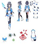  1girl absurdres back black_hair boots choker green_eyes headset highres ideolo kneehighs long_hair looking_at_viewer luo_tianyi official_art payot simple_background single_kneehigh single_thighhigh skirt thigh-highs turnaround vocaloid vocaloid_china white_background 
