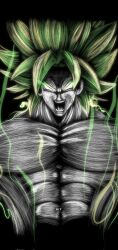  1boy abs aveharoun black_background broly_(dragon_ball_super) corrupted_twitter_file curtained_hair dragon_ball dragon_ball_super dragon_ball_super_broly english_commentary green_aura green_hair highres legendary_super_saiyan looking_at_viewer male_focus medium_hair muscular muscular_male no_pupils nose open_mouth parted_bangs partially_colored pectorals scribble simple_background solo spiky_hair super_saiyan teeth tongue topless_male upper_body v-shaped_eyebrows 