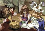  3girls ^_^ animal_ears beans blonde_hair breast_hold brown_hair cat_ears cat_tail chen closed_eyes crossed_arms fangs fox_ears hat hat_with_ears long_hair multiple_girls multiple_tails no_hat open_mouth sack short_hair smile table tail touhou violet_eyes yakumo_ran yakumo_yukari yohane 