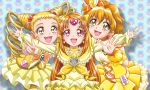  3girls :d blonde_hair blue_background bow brooch brown_eyes choker circlet color_connection cure_lemonade cure_muse_(yellow) cure_pine double_bun drill_hair fresh_precure! frills hair_bow happy heart jewelry kasugano_urara long_hair magical_girl momoiro_koume multiple_girls open_mouth orange_hair outstretched_arms precure red_eyes shirabe_ako short_hair skirt smile spread_arms suite_precure twin_drills twintails v wrist_cuffs yamabuki_inori yellow_eyes yes!_precure_5 