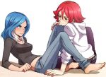  1boy 1girl akemi_(akemi18) barefoot blue_eyes blue_hair blush casual couple eye_contact green_eyes hoodie inazuma_eleven inazuma_eleven_(series) jeans kiyama_hiroto long_hair looking_at_another multicolored_hair redhead short_hair simple_background smile two-tone_hair urubida white_hair 