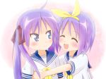  2girls blue_eyes hiiragi_kagami hiiragi_tsukasa hug long_hair lucky_star multiple_girls purple_hair sachi_(sachi-sachi) school_uniform serafuku short_hair siblings sisters twins twintails 
