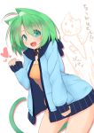  1girl animal_ears blush cat cat_ears cat_tail denpaken_pochi green_eyes green_hair heart highres open_mouth original sharon_(dodomayo) short_hair simple_background smile solo tail translation_request white_background 