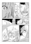  /\/\/\ 2girls blush bow closed_eyes comic ex-keine fujiwara_no_mokou hair_bow highres horns hug kamishirasawa_keine long_hair monochrome multicolored_hair multiple_girls suspenders tail tani_takeshi tears touhou translation_request two-tone_hair 