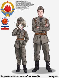 1boy 1girl belt black_footwear boots communism croatian_text full_body hands_in_pocket hat hat_ornament height_difference highres language_request military_uniform original pants pocket russian_text serbo-croatian_text star_(symbol) star_hat_ornament translation_request white_background wuyuu yugoslavia yugoslavian_flag