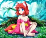  1girl animal_ears barefoot blue_eyes breasts cleavage feet japanese_clothes kimono nature redhead rokuroubuna short_hair sitting soles solo tail toes 