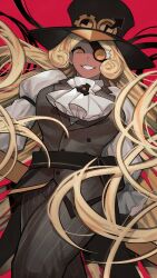  1girl absurdres ascot black_hat black_pants blonde_hair breasts brown_vest buttons collared_shirt cookie_run cookie_run:_ovenbreak dark-skinned_female dark_skin eyepatch goggles goggles_on_headwear hat highres hjoe8 humanization large_breasts long_hair long_sleeves looking_at_viewer making-of_available orange_eyes pants pouch puffy_long_sleeves puffy_sleeves red_background ringed_eyes shaded_face shirt simple_background smile solo striped_clothes striped_pants timekeeper_cookie top_hat vertical-striped_clothes very_long_hair vest white_ascot white_shirt 