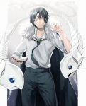  1boy artist_request black_hair book cape chain chrollo_lucilfer earrings facial_mark forehead_mark highres holding holding_book hunter_x_hunter jewelry male necktie open_book shorts solo 