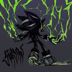  1boy back black_fur boots character_name colored_sclera electricity electrokinesis eye_trail from_behind full_body furry furry_male gloves green_lightning green_sclera hands_up hedgehog_boy highres light_trail limited_palette looking_at_viewer looking_back male_focus profile pxtakart red_eyes shadow_the_hedgehog short_tail solo sonic_(series) standing tail 