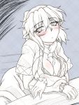  1girl ascot between_breasts blush breasts cleavage mizuhashi_parsee monochrome ootsuki_wataru open_clothes open_shirt pointy_ears short_hair solo spot_color touhou 
