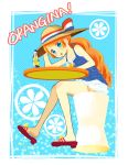 1girl blue_eyes bottle legs long_hair mochizuki_mina orange_hair orangina original ribbon sandals shorts sitting solo 