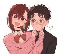  1boy 1girl :i ? absurdres ayase_momo black_choker black_hair black_jacket blush bow bowtie brown_eyes brown_hair choker closed_mouth collared_shirt commentary dandadan dress_shirt ear_blush earrings finger_to_another&#039;s_cheek gakuran glamoro_27 glasses hair_between_eyes highres index_finger_raised jacket jewelry long_sleeves looking_at_another looking_at_viewer loose_bowtie messy_hair open_mouth pink_sweater red_bow red_bowtie round_eyewear school_uniform shirt short_hair simple_background sleeves_past_wrists smile squeezing_cheeks sweater takakura_ken_(dandadan) thick_eyebrows upper_body white_background white_shirt 