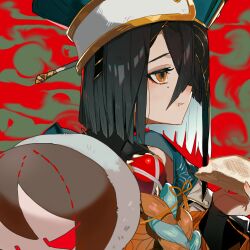  1girl black_hair blue_hat bread bread_slice character_doll commentary_request eating fate/grand_order fate_(series) food hair_over_one_eye hamelon310 hat highres holding holding_food mole mole_under_eye one_eye_covered orange_eyes solo straight_hair swept_bangs toast xu_fu_(fate) yu_mei-ren_(fate) 