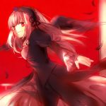  1girl dress feathers flower frills gothic_lolita grin hairband lolita_fashion long_hair long_sleeves ni_you red_background red_eyes rose rozen_maiden silver_hair smile solo suigintou wings 