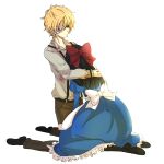 1boy 1girl aya_drevis bandage_over_one_eye bangs belt black_hair blonde_hair blood bow collared_shirt dio_(mad_father) dress frills hair_bow hair_ornament hiki-wota hug huge_bow kneeling long_hair mad_father one_eye_covered orange_eyes pants puffy_sleeves shoes short_hair simple_background sitting white_background