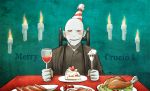  1boy bib blush cake candle food food_on_face fork harry_potter hat holiday-jin knife party_hat solo turkey voldemort 