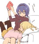  /\/\/\ 2girls blonde_hair blue_hair blush book braid casual closed_eyes furutani_himawari hairband long_hair lying_on_person manishi_mari multiple_girls oomuro_sakurako open_mouth sleeping smile translated twin_braids yuru_yuri 