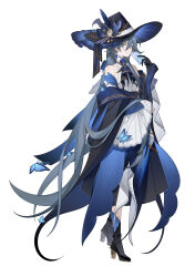  1girl absurdres alternate_costume aristocratic_clothes ascot bare_shoulders black_dress black_footwear black_gloves blue_ascot blue_butterfly blue_dress blue_eyes bug butterfly chain clock clock_hair_ornament dress earrings fu_hua full_body gem gloves grey_hair hair_ribbon hat highres holding holding_letter honkai_(series) honkai_impact_3rd jewelry letter long_hair long_sleeves ribbon sanseling smile solo very_long_hair white_background witch_hat 