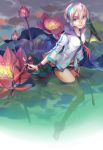  1girl blue_eyes carrot_(supercarrot) flower headset highres jacket lily_(flower) lily_pad shoes short_hair vocaloid vocaloid_china water wristband yan_he 
