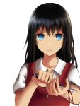  1girl black_hair blood blue_eyes expressionless highres knife long_hair ntw-20_(artist) original simple_background solo white_background wrist_cutting 