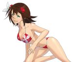  1girl amami_haruka bikini breasts brown_hair cleavage green_eyes hair_ribbon idolmaster looking_at_viewer ribbon short_hair simple_background solo swimsuit wata_do_chinkuru white_background 