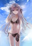  1044kiro 1girl absurdres bikini braid dangan_ronpa gloves hair_ribbon hand_in_hair highres kirigiri_kyouko long_hair purple_hair ribbon solo swimsuit violet_eyes 