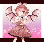  1girl bird_wings border dress foreshortening gradient gradient_background hat highres jewelry kurihagii looking_at_viewer microphone musical_note mystia_lorelei open_mouth pink_hair pointing pointing_at_viewer polka_dot polka_dot_background puffy_short_sleeves puffy_sleeves red_eyes short_hair short_sleeves single_earring solo touhou wink 