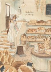  1girl bakery basket bread carrie_(carriedraw) dress english_text food highres indoors interior loaf original shop short_sleeves solo stairs white_dress wooden_floor 