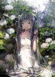  1girl aqua_hair dress flower hatsune_miku headset long_hair susu twintails umbrella very_long_hair vocaloid water_drop white_dress yellow_eyes 