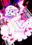  1girl :q bat_wings blood blood_on_face blood_on_fingers bloody_clothes blue_hair bobby_socks bow crossed_legs cup dress dutch_angle frills hat highres reaching red_eyes remilia_scarlet sakurazawa_izumi sitting socks tongue touhou wine_glass wings 