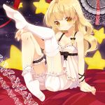  1girl blonde_hair bloomers blush bow braid hair_bow heart heart-shaped_pupils kirisame_marisa leg_up lingerie long_hair mvv side_braid single_braid smile solo symbol-shaped_pupils touhou underwear yellow_eyes 