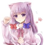  1girl animal_ears blush bow cat_ears cat_tail hair_bow kemonomimi_mode long_hair patchouli_knowledge paw_pose paw_print puracotte purple_hair solo tail touhou violet_eyes 