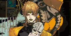 1boy bishounen black_nails blonde_hair dio_brando earrings fangs fingernails green_lips headband highres jewelry jojo_no_kimyou_na_bouken lips lipstick makeup male_focus nail_polish nano_(c175311) pale_skin parted_lips red_eyes ring sharp_fingernails solo stardust_crusaders stone_mask_(jojo) the_world vampire