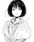  1girl black_hair blush half-closed_eyes messy_hair monochrome mosuko pajamas shawl shirt short_hair sketch sleepy solo striped striped_shirt white_background 