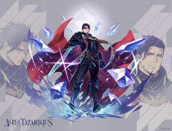  1boy armor armored_boots aster_tatariqus belt boots brown_belt cloak closed_mouth commentary_request copyright_name copyright_notice forehead from_below full_body highres holding holding_sword holding_weapon looking_at_viewer male_focus official_art orange_eyes pants purple_hair red_cloak second-party_source shibuhiko shoulder_armor standing sword tachi-e weapon 