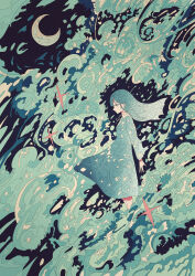  1girl absurdres blue_eyes blue_hair blue_theme crescent_moon expressionless fantasy four-pointed_star hato_(n_hat_mu) highres moon original scenery tagme water waves wind 