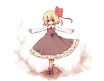  1girl ascot blonde_hair colored looking_at_viewer monochrome outstretched_arms ribbon rumia short_hair smile solo touhou yoru_kami_shiro 