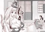  2girls ahoge azibuda breasts character_request child classroom cleavage habit highres kamishirasawa_keine large_breasts long_hair monochrome multiple_girls paintbrush pointing tatami touhou traditional_media v_arms 