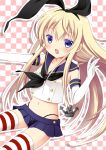  1girl anchor black_panties blonde_hair blue_eyes blush checkered checkered_background elbow_gloves gloves hair_ornament hair_ribbon kantai_collection long_hair looking_at_viewer navel neckerchief open_mouth otoneha panties ribbon shimakaze_(kantai_collection) skirt solo striped striped_legwear thighhighs underwear 