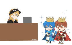 :/ :d ares_(fire_emblem) belt black_shirt black_visor blonde_hair blue_belt blue_cape blue_eyes blue_hair boots brown_eyes brown_hair brown_tunic cape chibi chibi_inset closed_mouth collared_shirt contemporary crown fire_emblem fire_emblem:_genealogy_of_the_holy_war fire_emblem_heroes full_body gold_crown gold_trim hair_between_eyes hair_tie high_collar jitome leif_(fire_emblem) leif_(scion)_(fire_emblem) long_hair looking_at_another low_ponytail medallion nyawn5 official_alternate_costume open_mouth pants red_cape seliph_(fire_emblem) seliph_(scion)_(fire_emblem) shirt short_hair sidelocks smile sparkle standing tunic twitter_username v-shaped_eyebrows white_background white_pants white_tunic yellow_eyes 