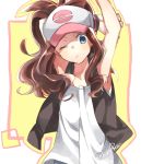  1girl arms_up baseball_cap blue_eyes brown_hair hat high_ponytail long_hair naru_(andante) pokemon pokemon_(game) pokemon_bw signature solo stretch touko_(pokemon) vest wink 