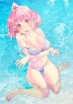  1girl bare_legs bikini_top blush breast_hold breasts cleavage large_breasts looking_at_viewer navel no_hat numany open_mouth partially_translated pink_eyes pink_hair saigyouji_yuyuko short_hair sitting solo strap_slip touhou translation_request triangle wariza water 