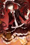  1girl black_hair celestia_rudenberk dangan_ronpa dress drill_hair earrings fire frills gothic_lolita grin hairband highres jewelry lolita_fashion lolita_hairband long_hair necktie red_eyes smile solo twin_drills wensui 